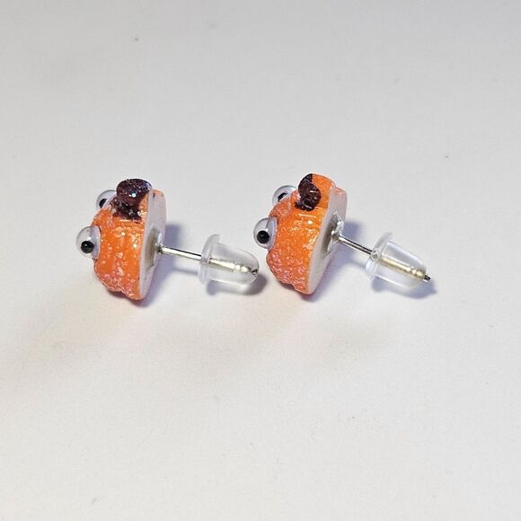 Sparkly Orange Halloween Pumpkin Googly Eye Earrings Tiny Festive - Picture 6 of 8